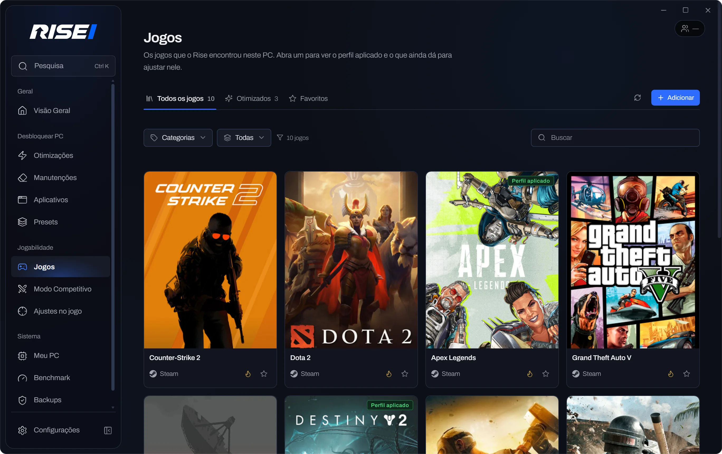 Biblioteca de jogos do Rise com os jogos encontrados no PC e os perfis aplicados