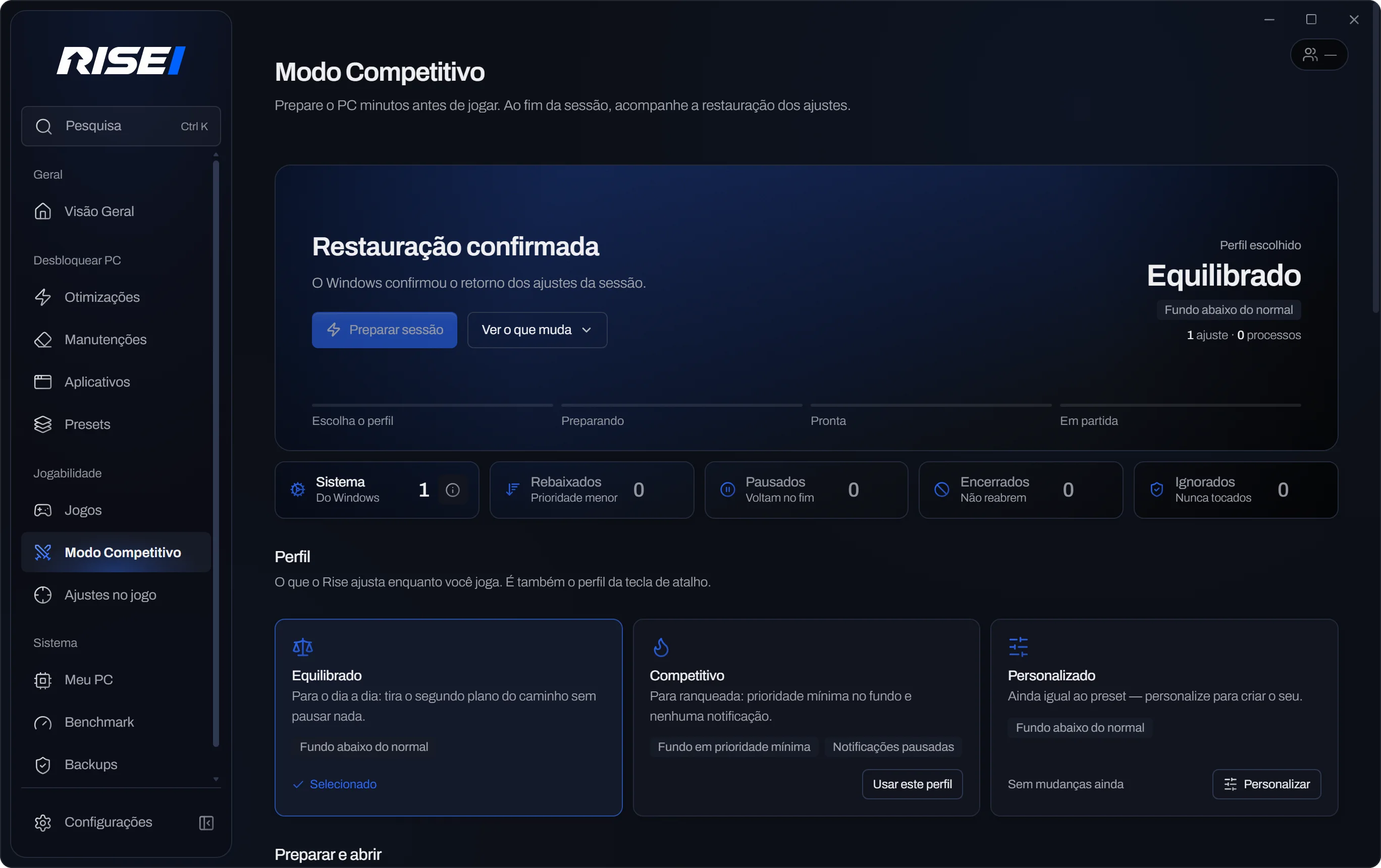 Tela Modo Competitivo do Rise com o perfil escolhido e o que muda no PC durante a partida