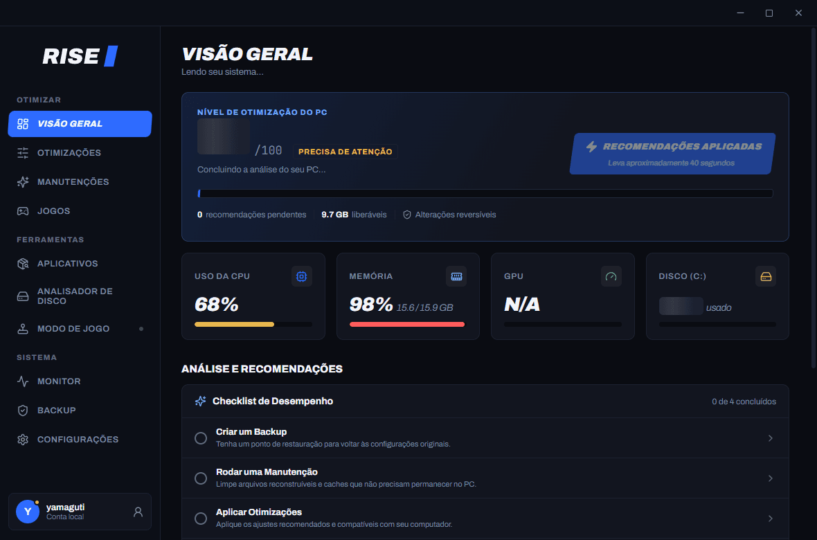 Visão geral do aplicativo RiseFPS