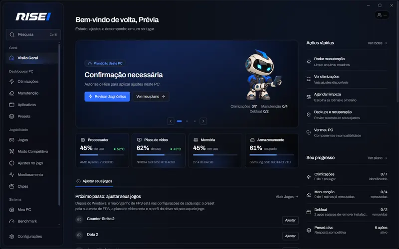 Visão Geral do Rise com a prontidão do PC, processador, placa de vídeo, memória e armazenamento (dados de demonstração)